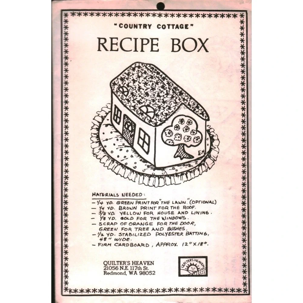 Vintage Quilter's Heaven Country Cottage Recipe Box Sewing Pattern Redmond WA